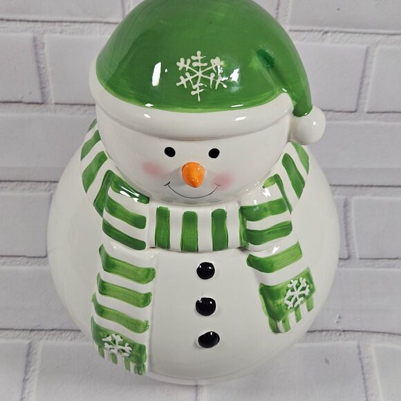 Snowman Cookie Jar Green and White w/Snowflake Scarf With Rubber Stopper 11"X6W. - Picture 12 of 13